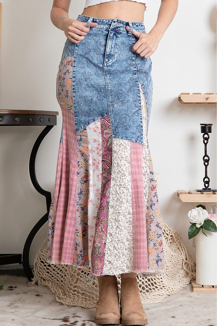 Contrast denim full length skirt