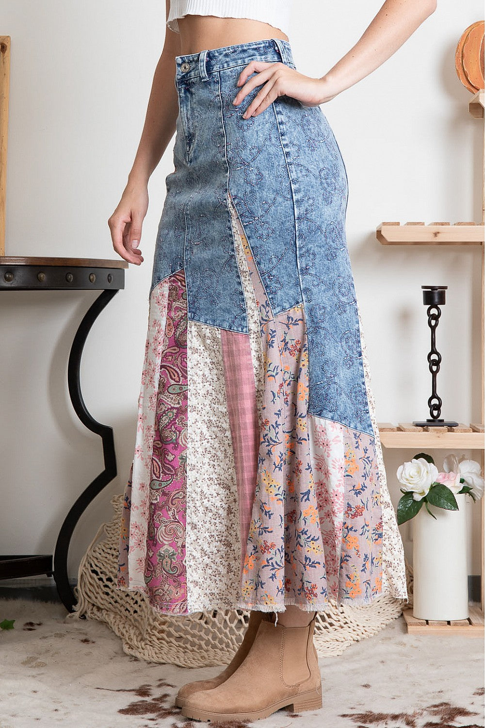 Contrast denim full length skirt