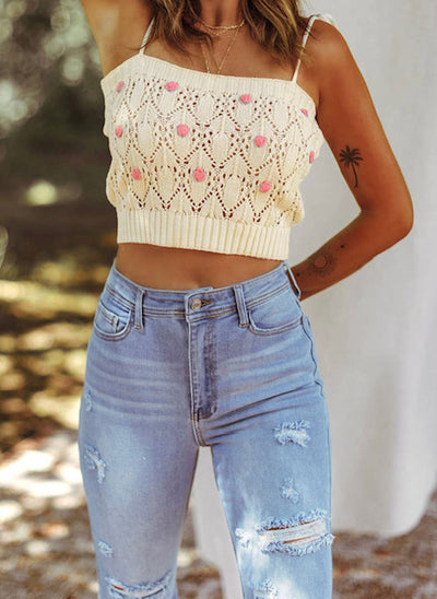 Crochet knit top with rose applique