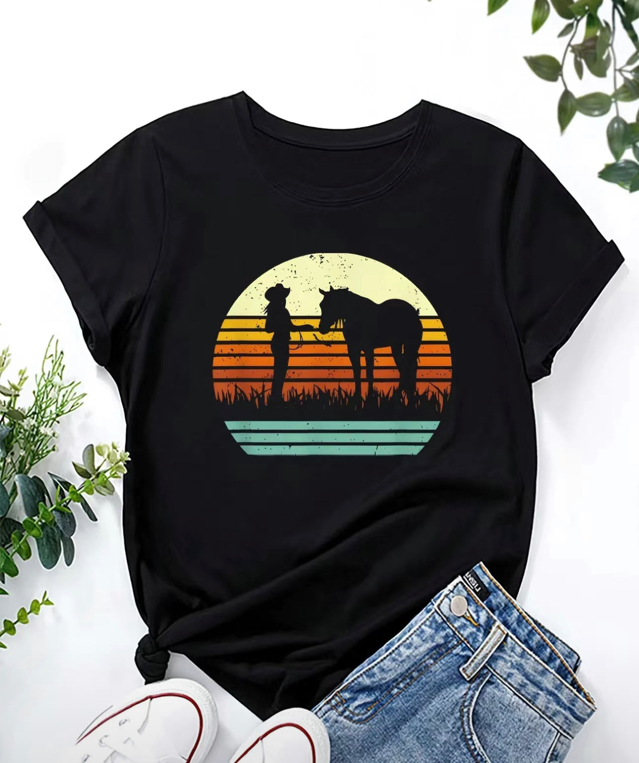 Round neck horse, print casual T-shirt