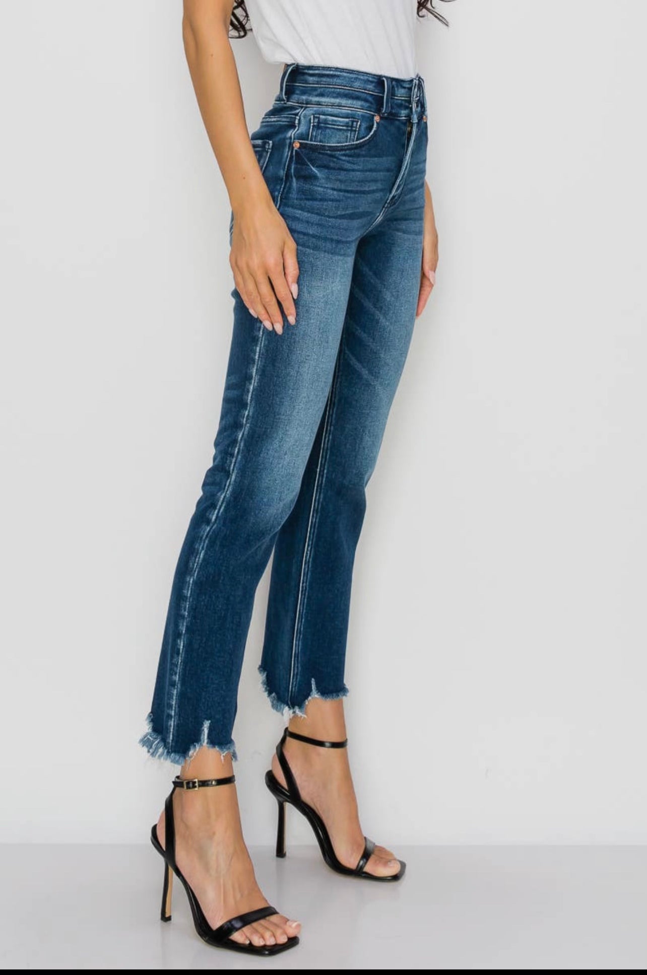 High Rise Stretch Double Waisted Raw Hem