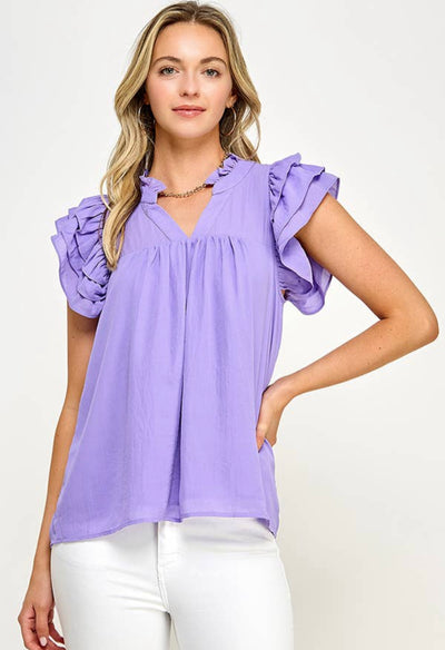 V-neck line blouse partially lined with ruffle sleeve