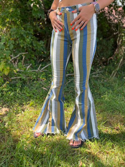 Simone Striped High Rise Flare Jeans
