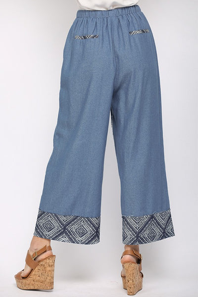 Women's Solid Tencel & Printed Denim Mix Wide Pants w/Elastic Adjustable Tie Waist