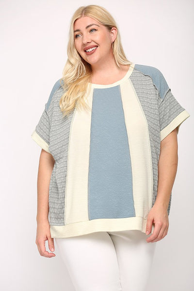Texture and Solid Knit Mixed Loose Top