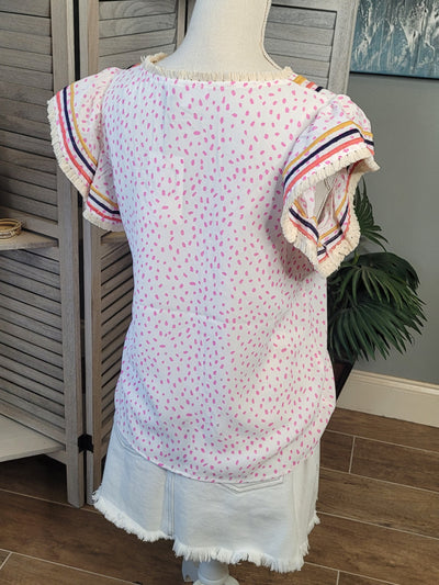 Women's Print Embroidered V-Neck Flutter Short Sleeve Top