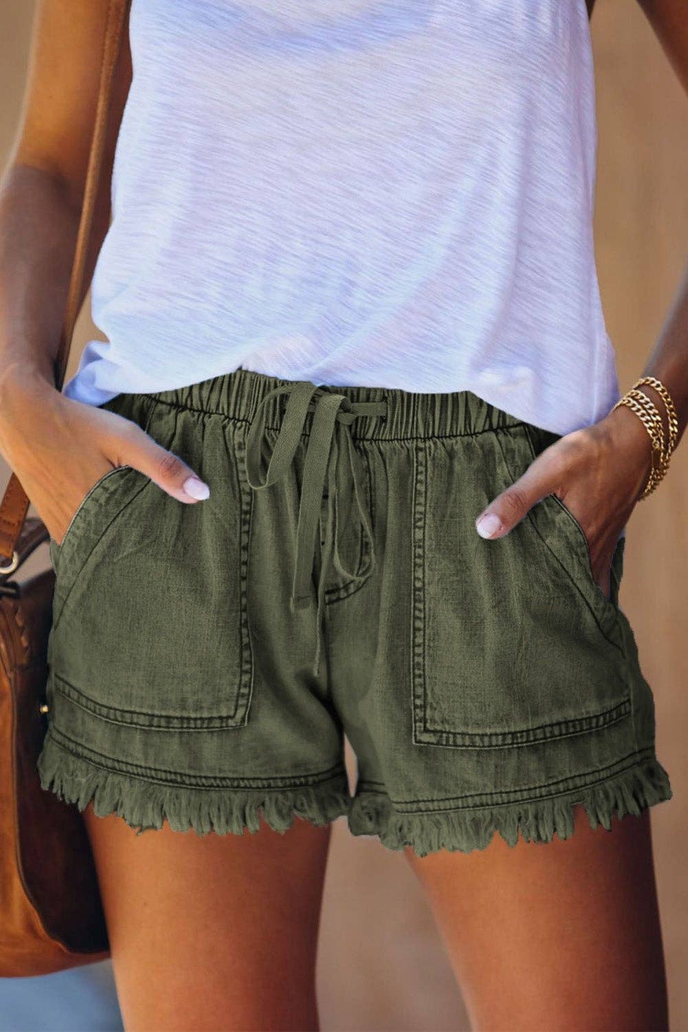 Casual Pocketed Frayed Denim Shorts - Green or Black