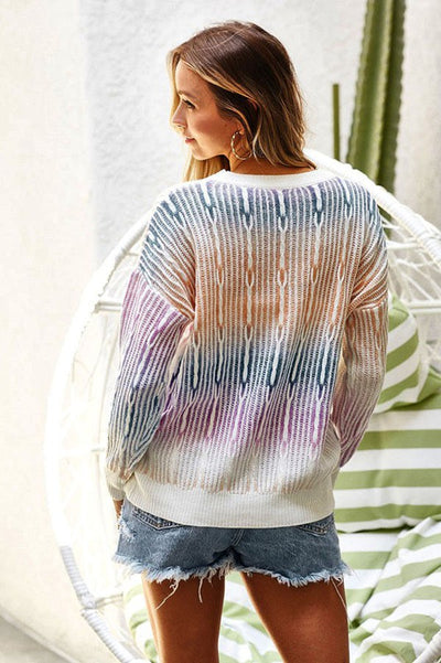 Women's Long Sleeve Round Neck Multi-Color Ombre Sweater Top