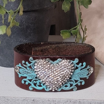 Leather Hand Made Snap Bracelet Cuffs with Shiny Jewelry Bling