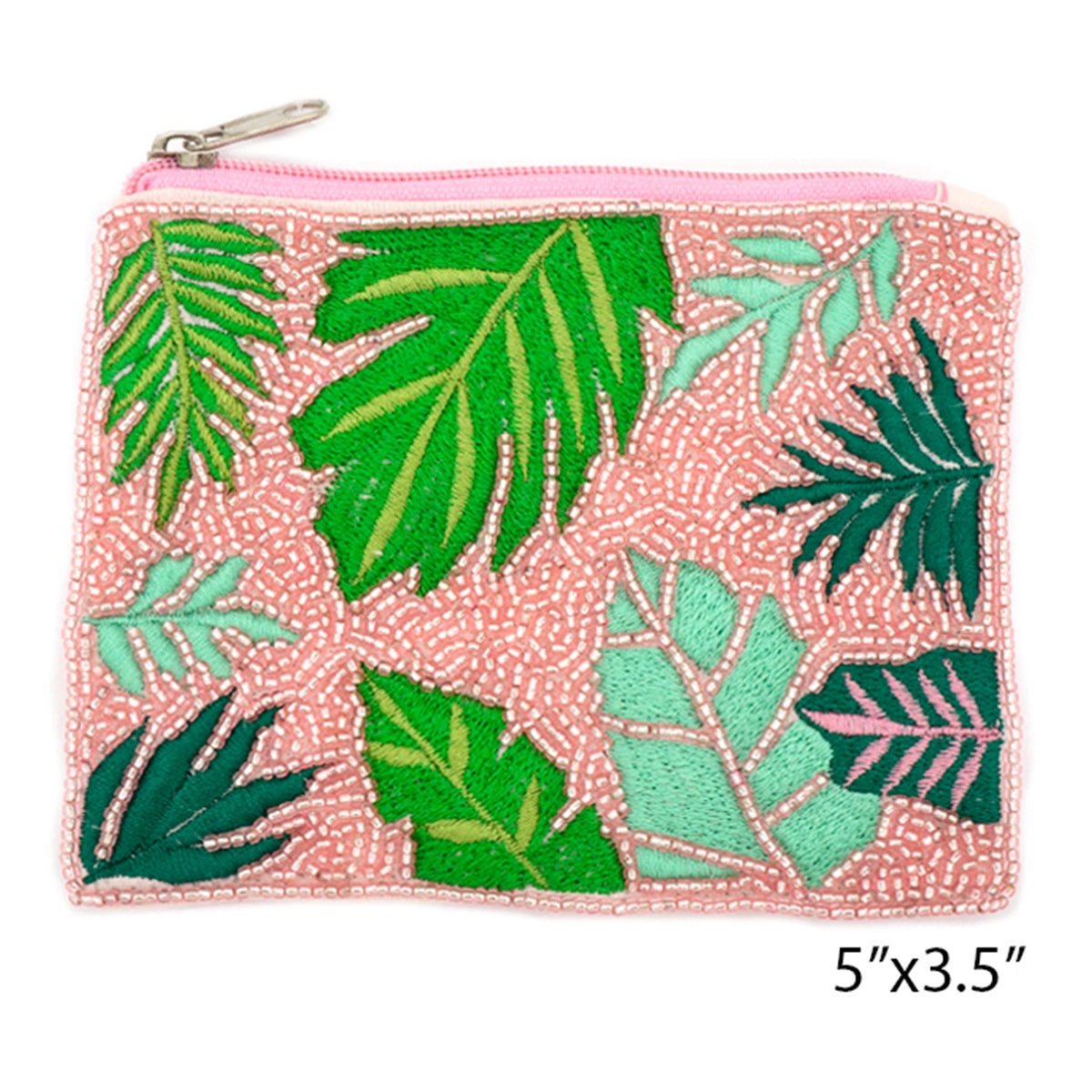 Handmade Seed Bead Palm Leaf Zipper Closure Coin Bag