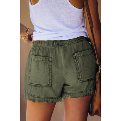 Casual Pocketed Frayed Denim Shorts - Green or Black